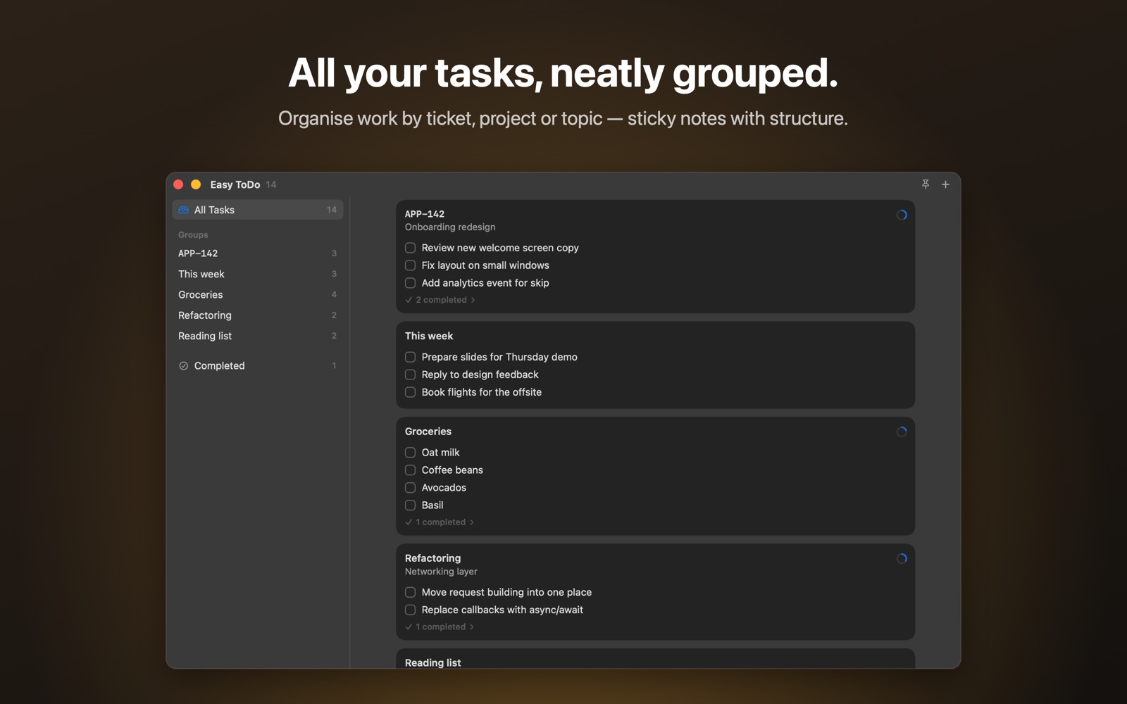 Easy ToDo showing task groups with a sidebar